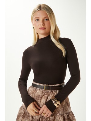 Kadın Feel Lux Touch Dik Yaka Kahverengi Uzun Kol Soft Bluz