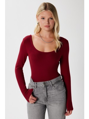 Kadın Heat Lux Touch U Yaka Bordo Uzun Kol Soft Bluz