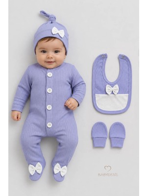 Babyden's 4 'lü Kız Bebek Fitilli Yenidoğan Bebek Tulum Seti %100 Pamuklu Hastane Çıkışı