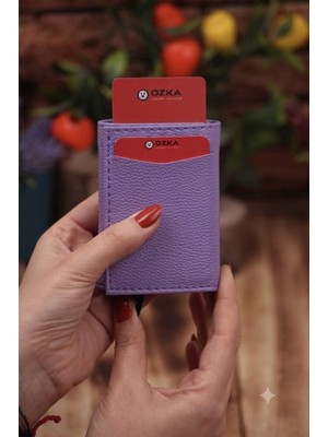 Özka Leather Suni Deri Mekanizmalı Vegan Deri Kartlık Cüzdan Portföy Lila
