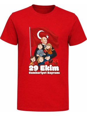 Efendioğlu Design Kısa Kollu Atatürk'e Sarılan Çocuklar Baskılı Pamuklu 29 Ekim Cumhuriyet Bayramı Çocuk Tişörtü