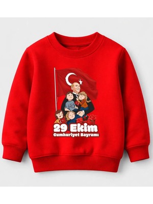 Efendioğlu Design Sweatshirt Atatürk'e Sarılan Çocuklar Baskılı Pamuklu 29 Ekim Cumhuriyet Bayramı 3 Iplik Şardonsuz