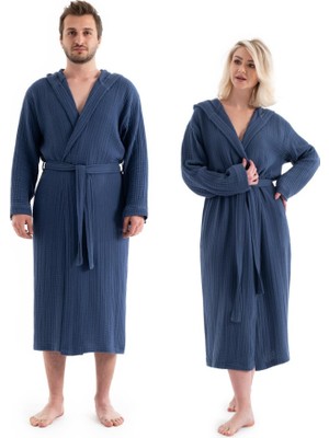 Quattro Home  Unisex Kapşonlu 4 Kat Müslin Bornoz - Lacivert