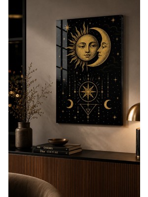 Bu Matbaa Güneş ve Ay Göksel Semboller – Siyah Gold Mistik Astroloji ve Yıldızlar Dekoratif Duvar Tablosu