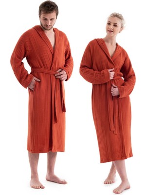 Quattro Home  Unisex Kapşonlu 4 Kat Müslin Bornoz - Kiremit