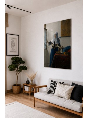 Bu Matbaa Johannes Vermeer Su Sürahili Genç Kadın Temalı Klasik Sanat Dekoratif Temperli Cam Tablo