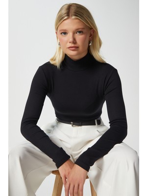 Kadın Feel Lux Touch Dik Yaka Siyah Uzun Kol Soft Bluz