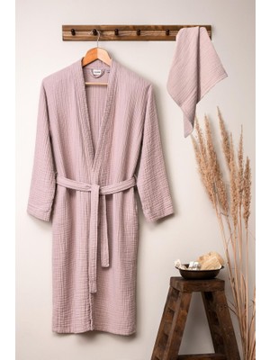 Quattro Home  Unisex Kimono Müslin Bornoz-Havlu Seti - Pudra