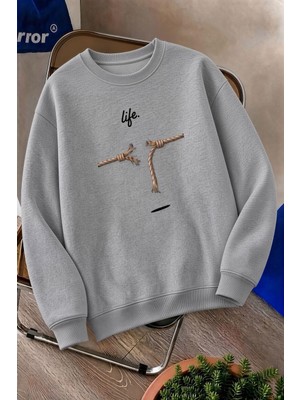 Oksit Bs Life Design Minimalist Illüstrasyon Baskılı Unisex Kapüşonlu Sweatshirt-Büyük Beden Seçenekli