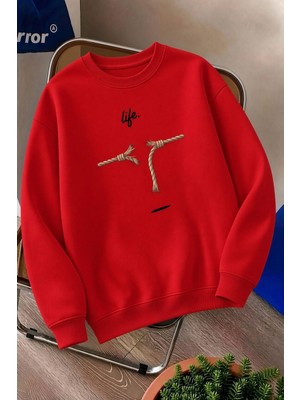 Oksit Bs Life Design Minimalist Illüstrasyon Baskılı Unisex Kapüşonlu Sweatshirt-Büyük Beden Seçenekli