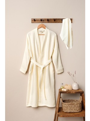 Quattro Home  Unisex Kimono Müslin Bornoz-Havlu Seti - Ekru