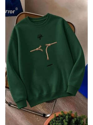 Oksit Bs Life Design Minimalist Illüstrasyon Baskılı Unisex Kapüşonlu Sweatshirt-Büyük Beden Seçenekli