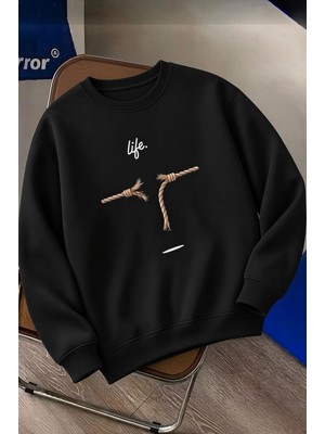 Oksit Bs Life Design Minimalist Illüstrasyon Baskılı Unisex Kapüşonlu Sweatshirt-Büyük Beden Seçenekli