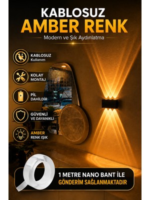 Tenk Pilli Aplik Çift Yön Aydınlatma Amber Renk Led Kablosuz Dekoratif ve Şık