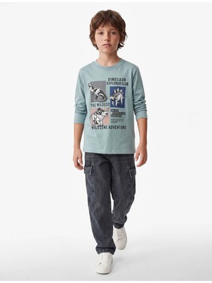 Koton  Dinozor Baskılı Yeşil Erkek Çocuk Uzun Kollu T-Shirt 7WKB10091TK