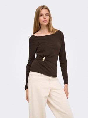 Only  Onlelena L/s Boatneck Metal Top Jrs Noos Kahverengi Kadın Bluz 15380314
