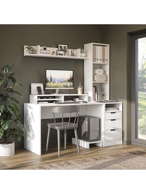 Roomart Mode Kitaplıklı ve Raflı Çalışma Masası , Çalışma Ofis Masası , Bilgisayar Masası, Çekmeceli Çalışma Masası