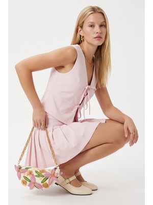Kadın Zera Keten Pamuk Pembe Yelek Bel Lastikli Etek Alt Üst Takım