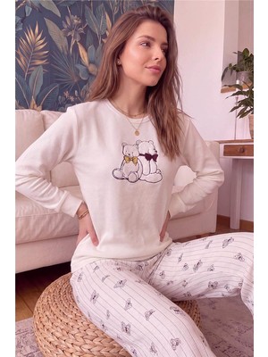 Pijama Evi Ekru Magdala Desenli Waffle Soft Uzun Kollu Kadın Pijama Takım