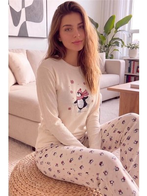 Pijama Evi Ekru Penguin Desenli Waffle Soft Uzun Kollu Kadın Pijama Takım