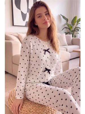 Pijama Evi Beyaz Ribando Desenli Waffle Soft Uzun Kollu Kadın Pijama Takım