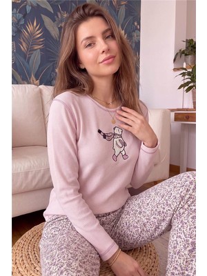 Pijama Evi Pembe Aloca Desenli Waffle Soft Uzun Kollu Kadın Pijama Takım