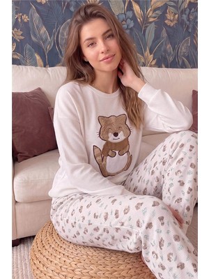 Pijama Evi Ekru Somon Racoon Desenli Waffle Soft Uzun Kollu Kadın Pijama Takım