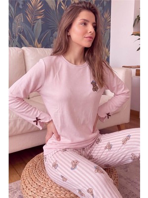 Pijama Evi Pembe Urso Desenli Waffle Soft Uzun Kollu Kadın Pijama Takım