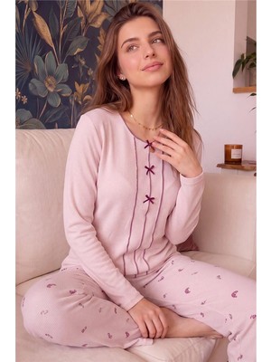 Pijama Evi Pembe Croissant Desenli Waffle Soft Uzun Kollu Kadın Pijama Takım