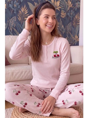 Pijama Evi Pudra Cherry Desenli Waffle Soft Uzun Kollu Kadın Pijama Takım