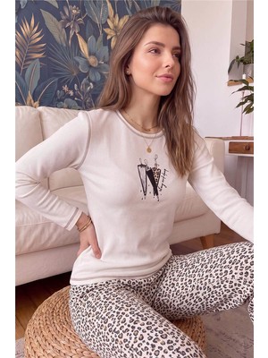 Pijama Evi Ekru Payong Desenli Waffle Soft Uzun Kollu Kadın Pijama Takım