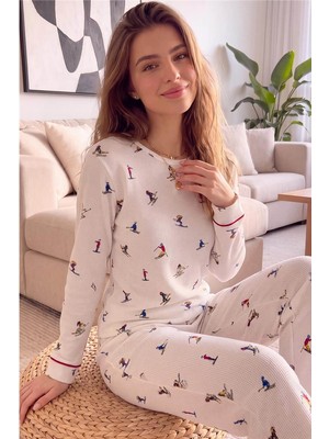 Pijama Evi Ekru Slalom Desenli Waffle Soft Uzun Kollu Kadın Pijama Takım