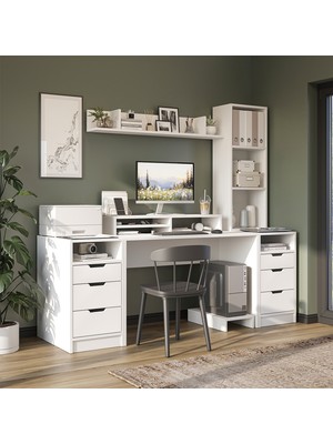 Roomart Mode Kitaplıklı ve Raflı Çalışma Masası , Raflı Monitör Standlı Çalışma Ofis Masası , Bilgisayar Masası, 2 Adet 3 Çekmeceli Kesonlu Çalışma Masası
