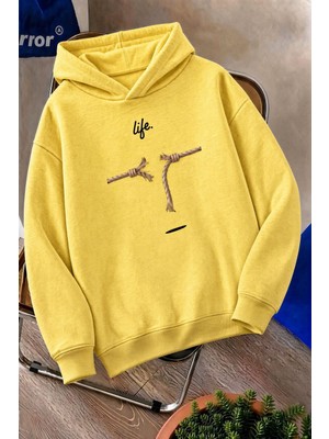 Oksit Sw Life Design Minimalist Illüstrasyon Baskılı Unisex Kapüşonlu Sweatshirt-Büyük Beden Seçenekli