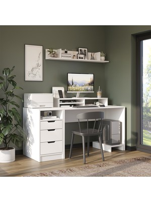 Roomart Mode Raflı Çalışma Masası , 3 Çekmeceli Kesonlu Çalışma Masası , Raflı Monitör Standlı Çalışma Ofis Masası , Bilgisayar Masası