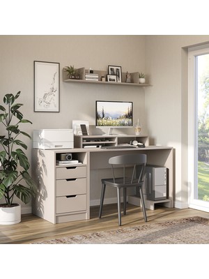 Roomart Mode Raflı Çalışma Masası , 3 Çekmeceli Kesonlu Çalışma Masası , Raflı Monitör Standlı Çalışma Ofis Masası , Bilgisayar Masası