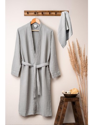 Quattro Home  Unisex Kimono Müslin Bornoz-Havlu Seti - Gri