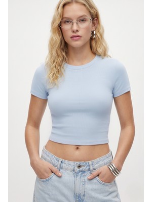 Kadın Deal Lux Touch Yumuşak Doku Crop Mavi Bluz