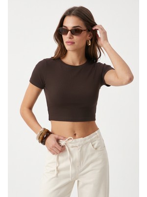 Kadın Deal Lux Touch Yumuşak Doku Crop Kahve Bluz