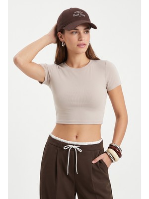Kadın Deal Lux Touch Yumuşak Doku Crop Bej Bluz