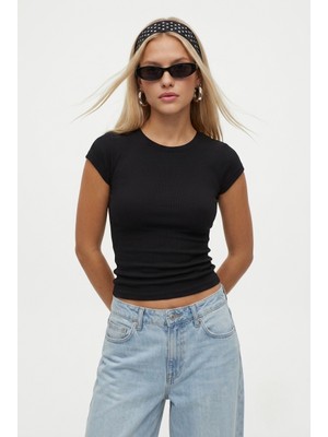 Kadın Inner Lux Touch Yumuşak Doku Bisiklet Yaka Kısa Kol Siyah Bluz
