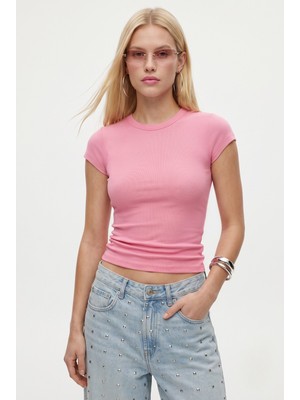 Kadın Inner Lux Touch Yumuşak Doku Bisiklet Yaka Kısa Kol Pembe Bluz