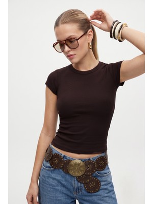 Kadın Inner Lux Touch Yumuşak Doku Bisiklet Yaka Kısa Kol Kahve Bluz