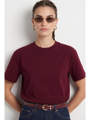 Kadın Rise Dekoratif Yaka Tok Doku %100 Pamuk Bordo T-Shirt