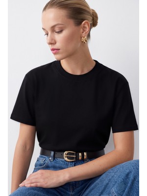 Ritnice Kadın Rise Dekoratif Yaka Tok Doku %100 Pamuk Siyah T-Shirt