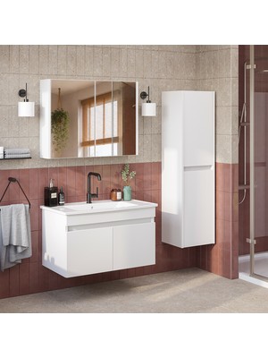 Roomart '' Lavabolu '' Mat Mdf 80 cm Banyo Alt Dolabı + Aynalı Üst Dolabı + Banyo Boy Dolabı , Banyo Dolabı Seti