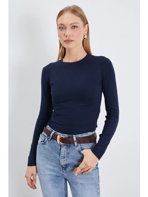 FullaModa Basic Bisiklet Yaka Slim Fit Crop Bluz