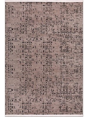 Rugzella Gül Kurusu Siyah Soyut Desenli Modern Püsküllü Pamuklu Halı