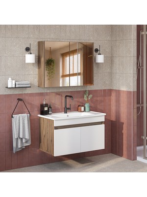 Roomart '' Lavabolu '' Mat Mdf 80 cm Banyo Alt Dolabı + Aynalı Üst Dolabı , Banyo Dolabı Takımı