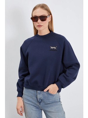 FullaModa 3 Iplik Leopar Nakışlı Reglan Kol Oversize Sweatshirt